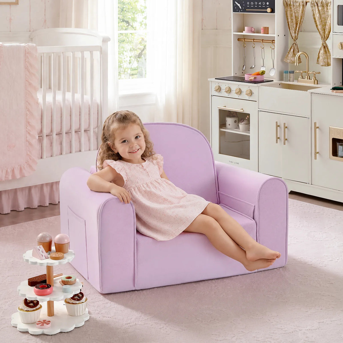 Light purple kids sofa chair with rounded back and arms