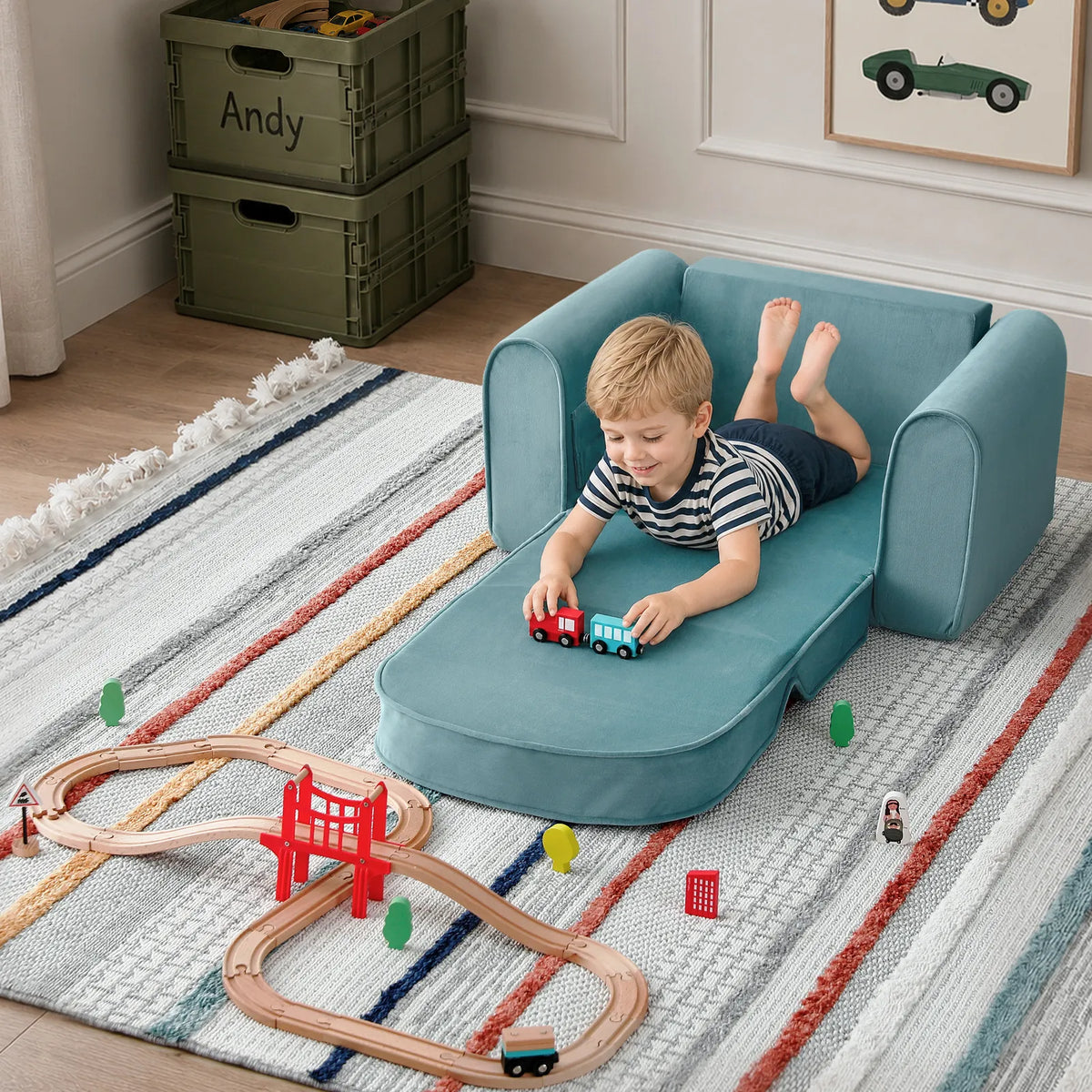 Tiny Land® teal kids sofa chair extended into a lounge bed for play