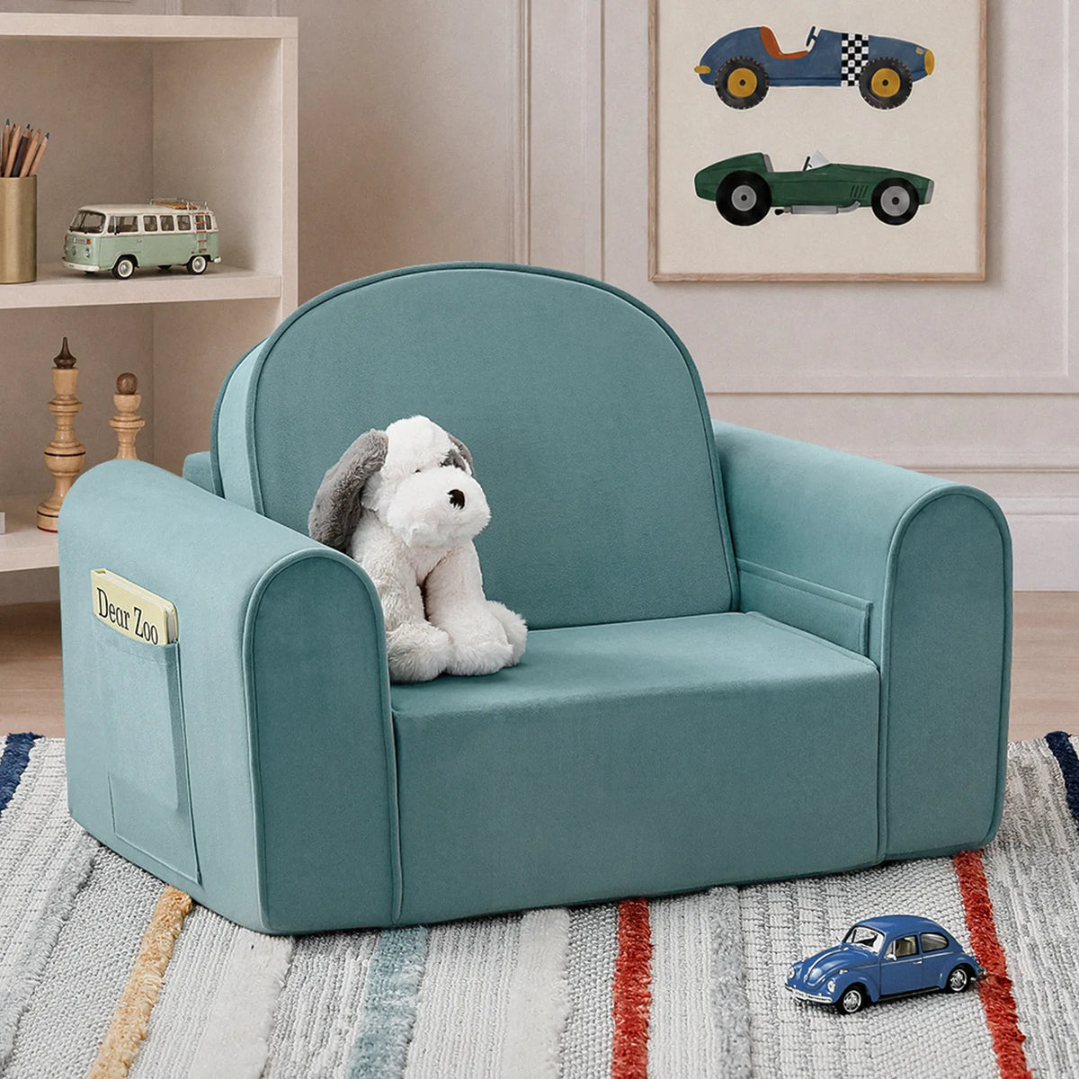Tiny Land® GentleSnug kids sofa chair in teal with rounded arms and side storage pocket