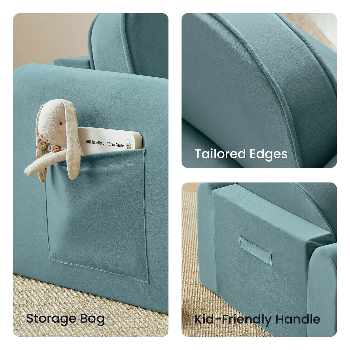 Tiny Land® teal kids sofa chair details: fabric storage pocket, piped edges, and side handle