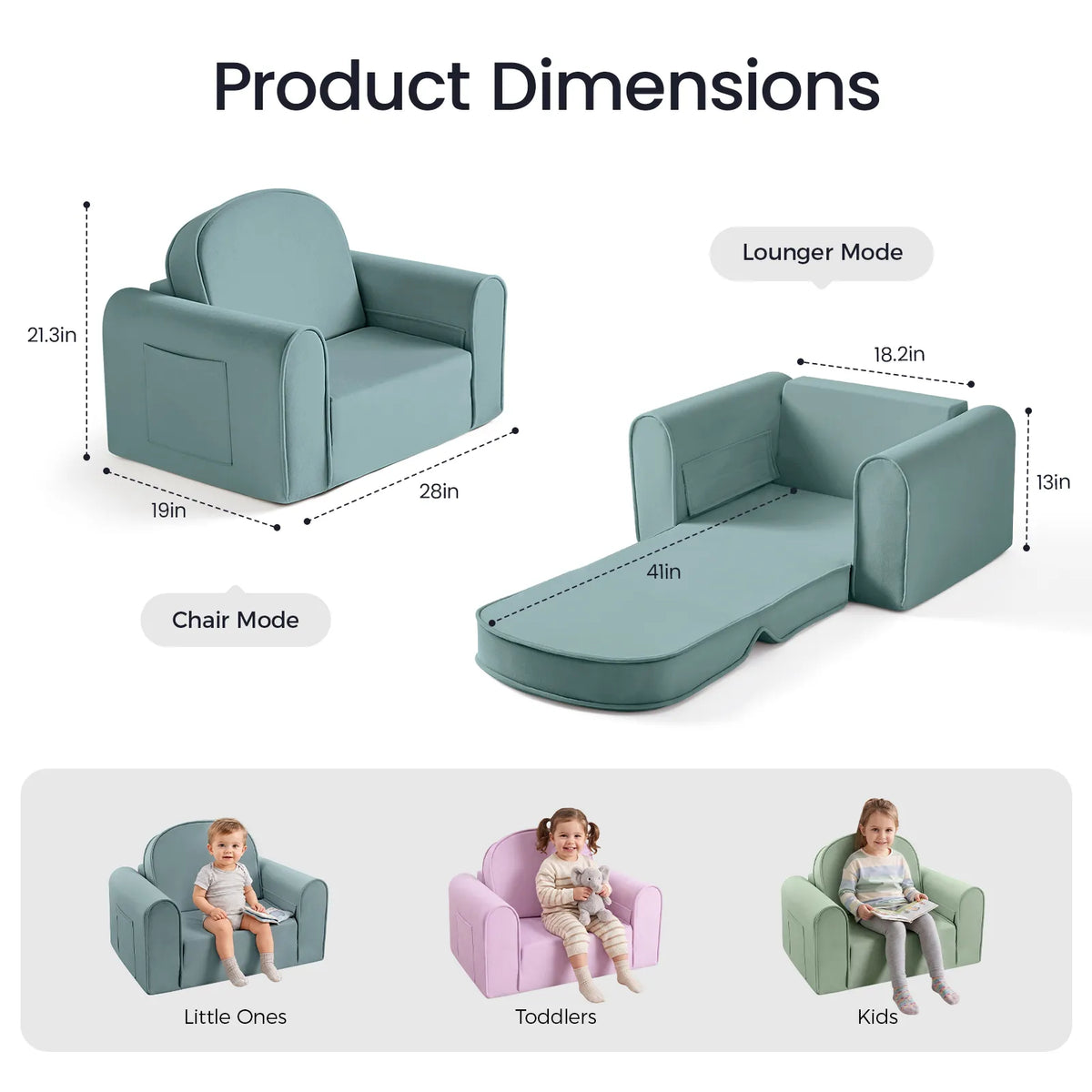 Tiny Land® kids sofa chair shown in chair and lounger modes with dimensions.