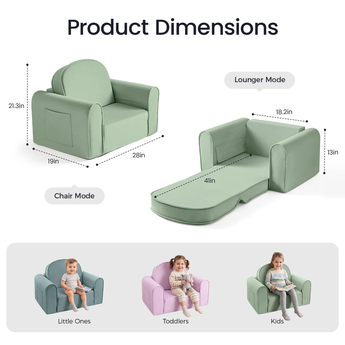 Tiny Land® light green kids sofa dimensions in chair and chaise modes, with blue and purple color options.