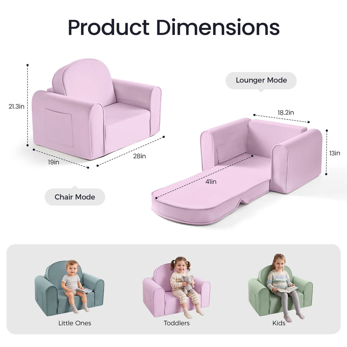 Kids sofa chair dimension diagram showing chair and extended lounge configurations