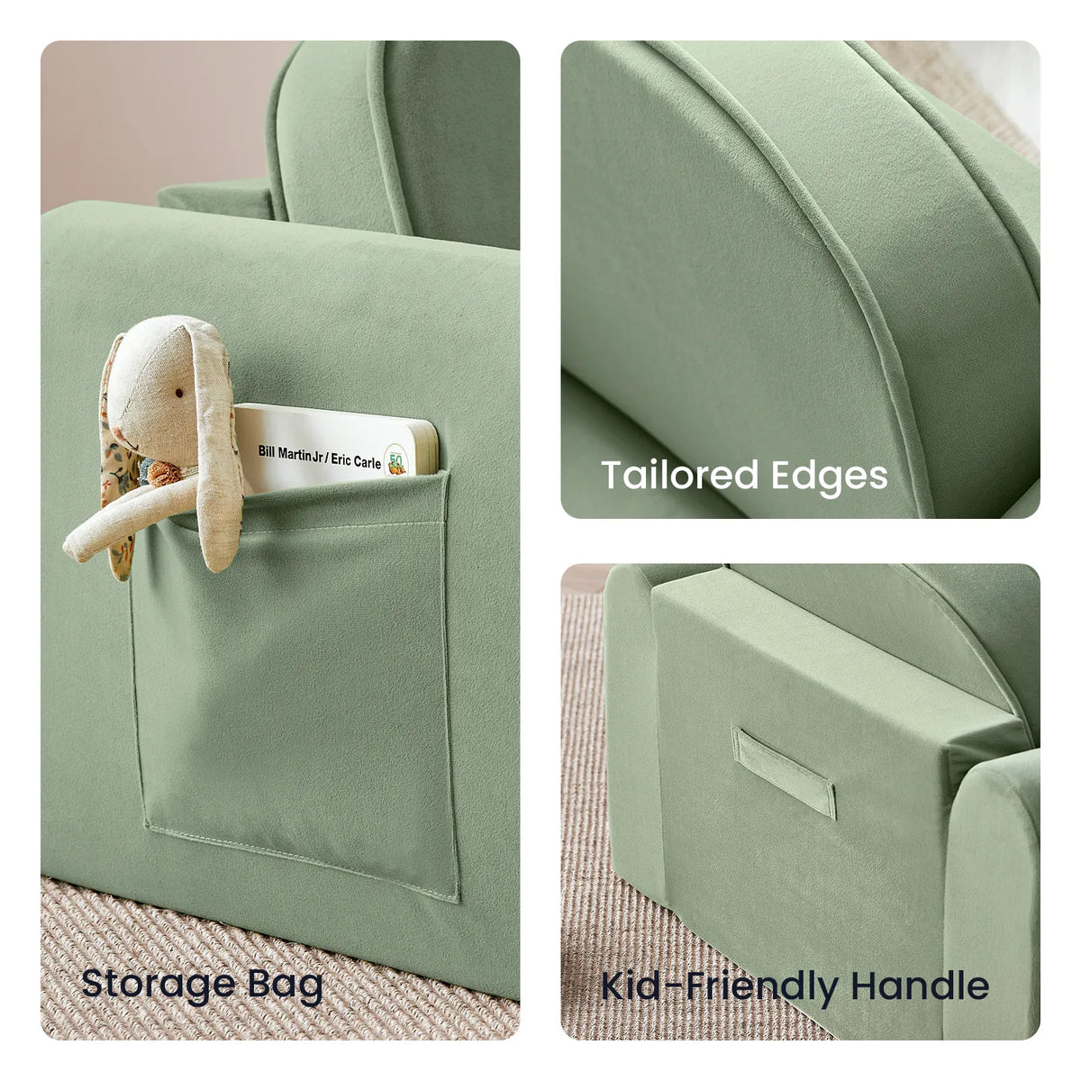 Tiny Land® light green kids sofa details: side storage pocket, tailored seams, and child-friendly handle.