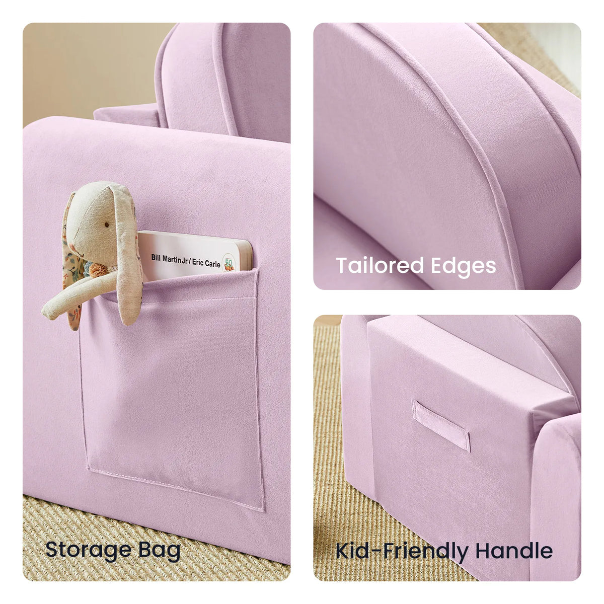 Kids sofa chair side pocket, stitched edging, and built-in handle