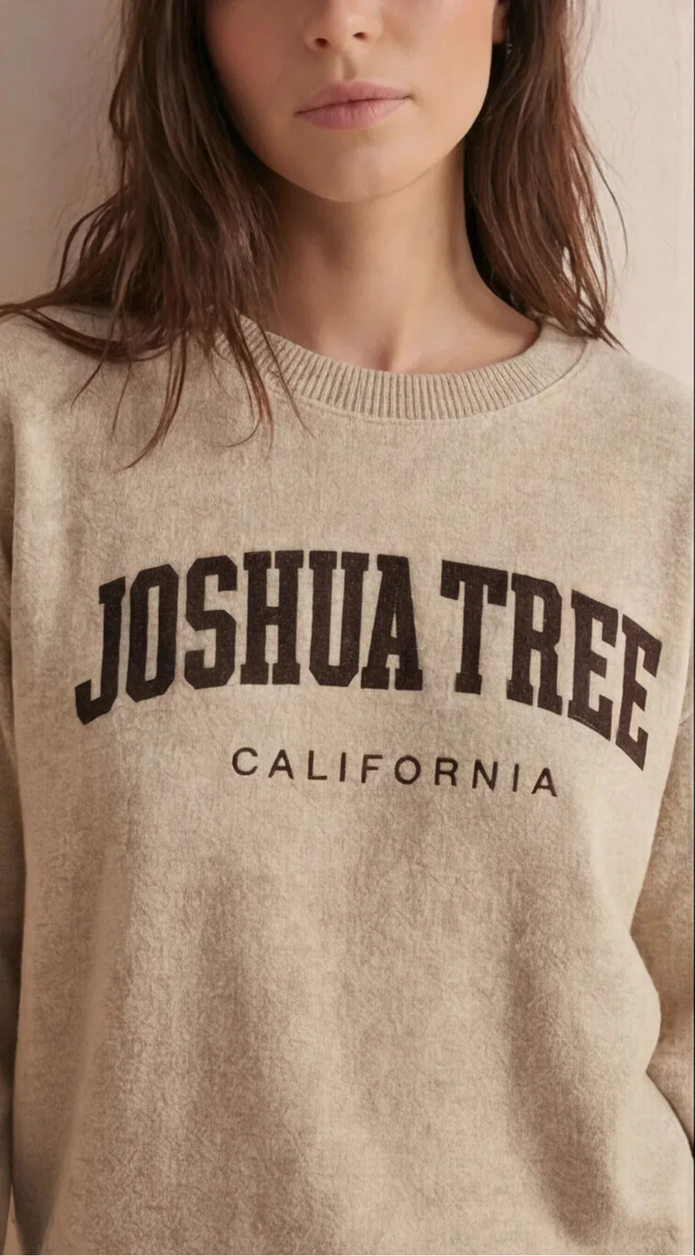 Beige crewneck sweatshirt with large Joshua Tree and California lettering on the front