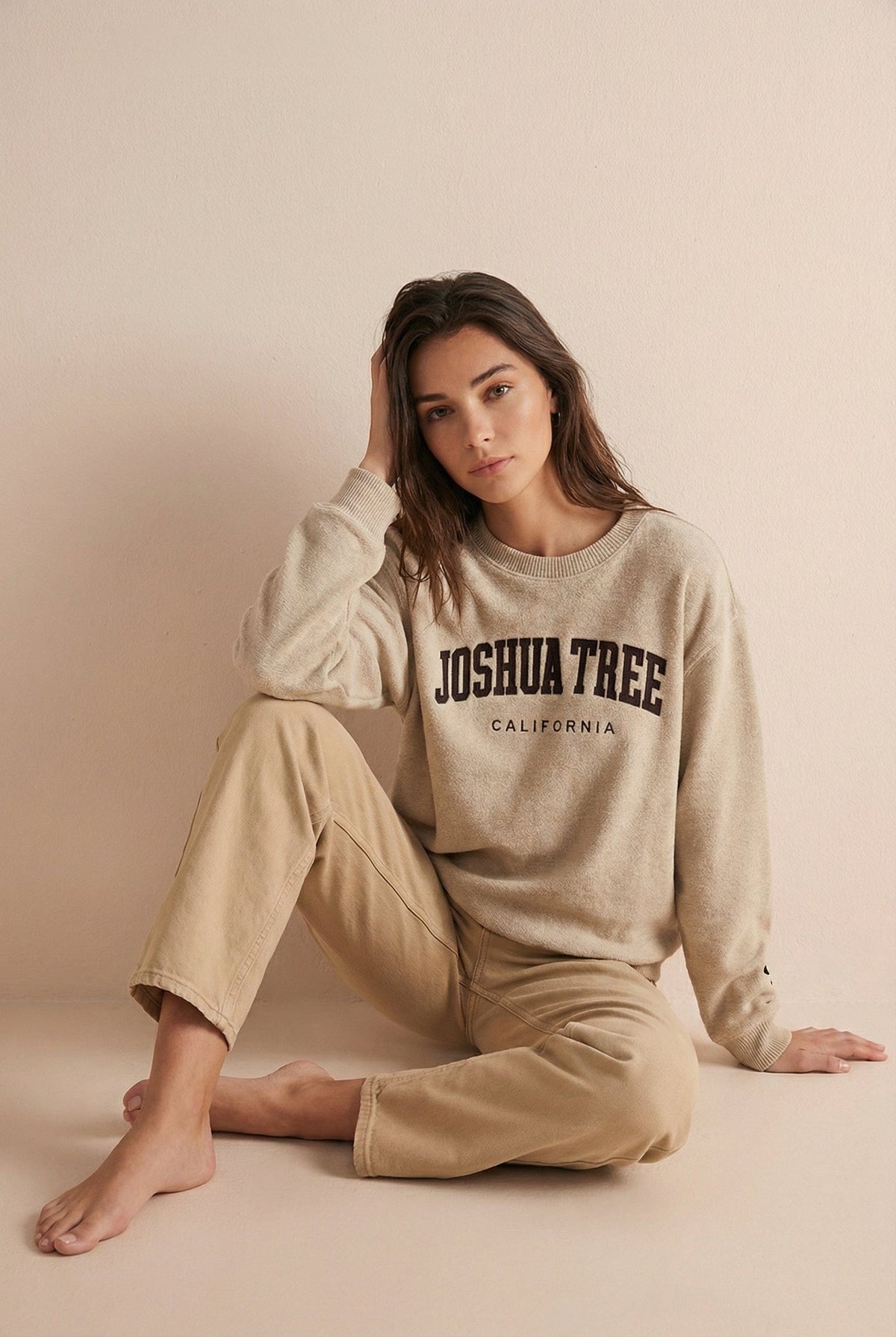 Beige sweatshirt with ribbed cuffs and crew neck, bold Joshua Tree California graphic
