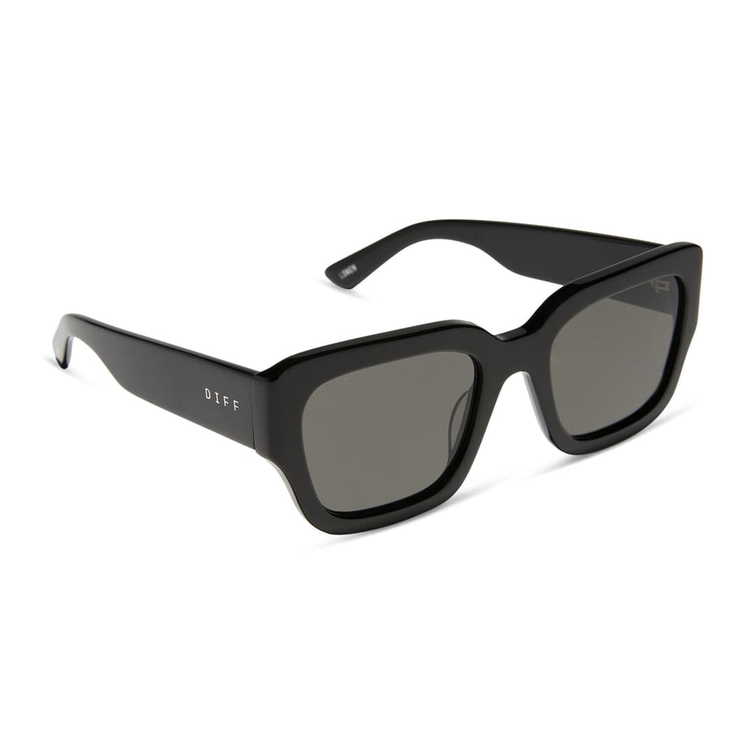 Polarized sunglasses with black frames and dark gray lenses, front view