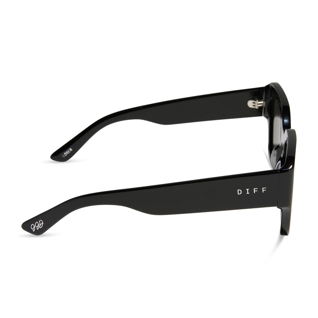 Polarized sunglasses black frame, side view with visible hinge and temple detail