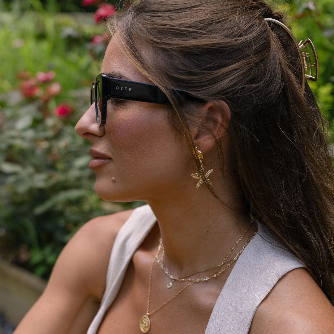 Polarized sunglasses with black frames and dark gray lenses, side profile on a woman