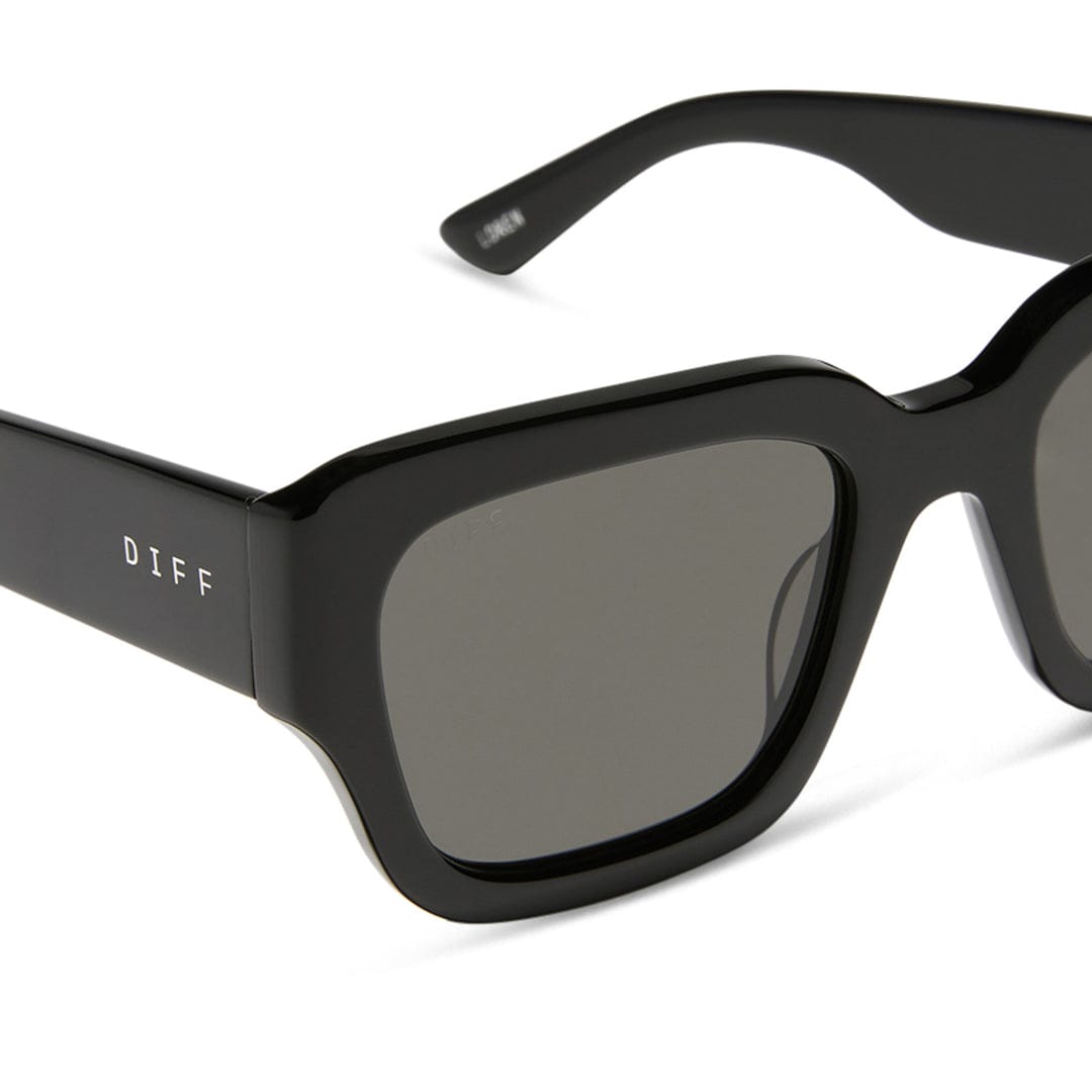 Polarized sunglasses close-up: black frame with dark gray polarized lens