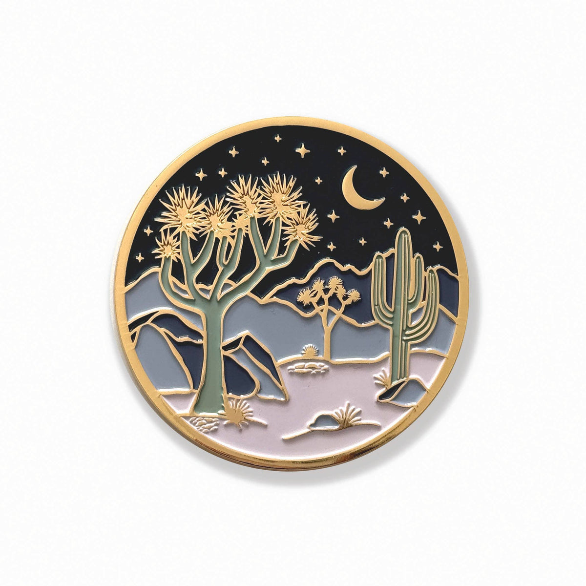Round gold-edged coaster with starry night desert Joshua trees and moon illustration