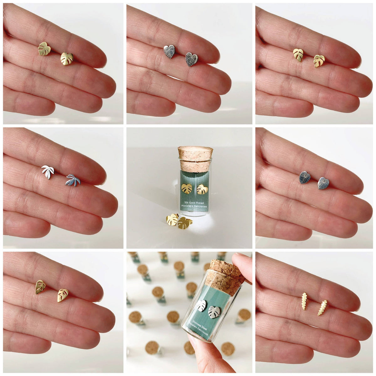 Leaf stud earrings in mixed finishes, assorted close-ups on fingertip