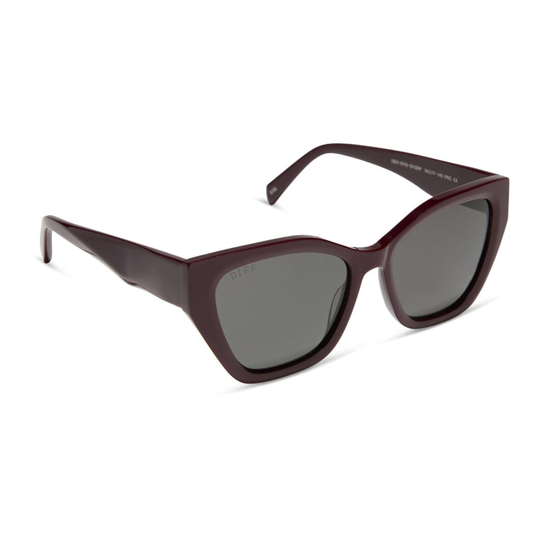 Maroon polarized sunglasses with dark gray lenses, classic cat-eye frame