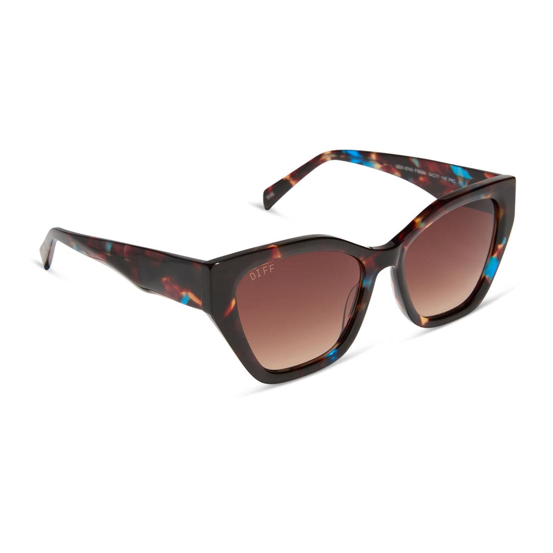 Confetti-style polarized sunglasses with brown lenses, angular cat-eye frame