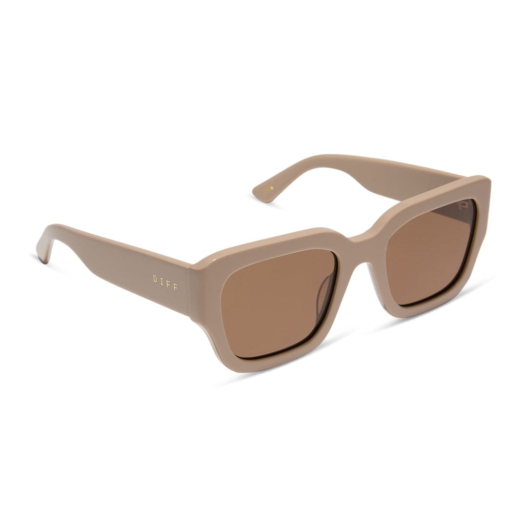 Polarized sunglasses with almond brown frames and brown lenses, angled side view
