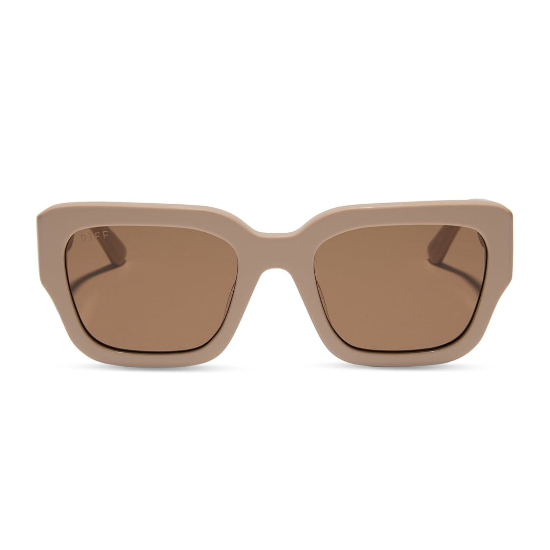 Polarized sunglasses, almond brown frame with brown polarized lenses, front view