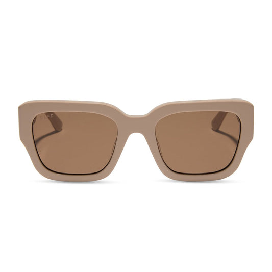 Polarized sunglasses, almond brown frame with brown polarized lenses, front view