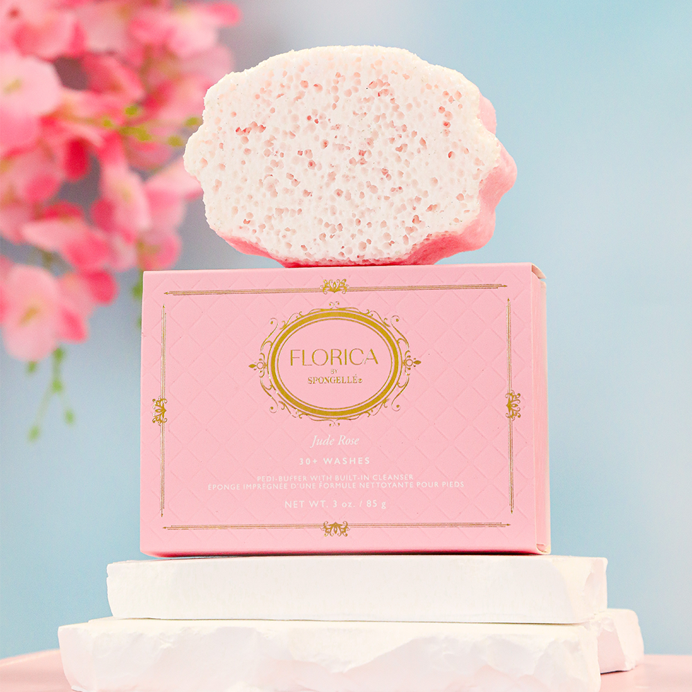 Pink foot buffer sponge with Florica Jude Rose wash box