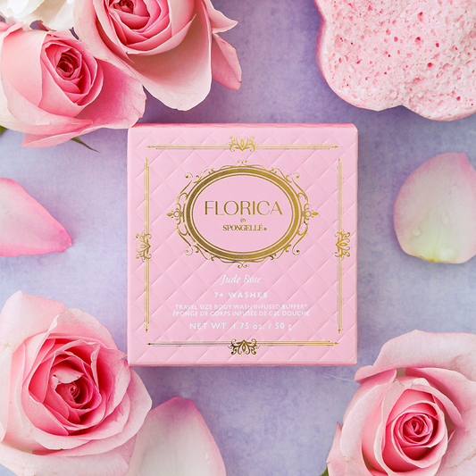 Pink travel soap sponge box with decorative Florica label