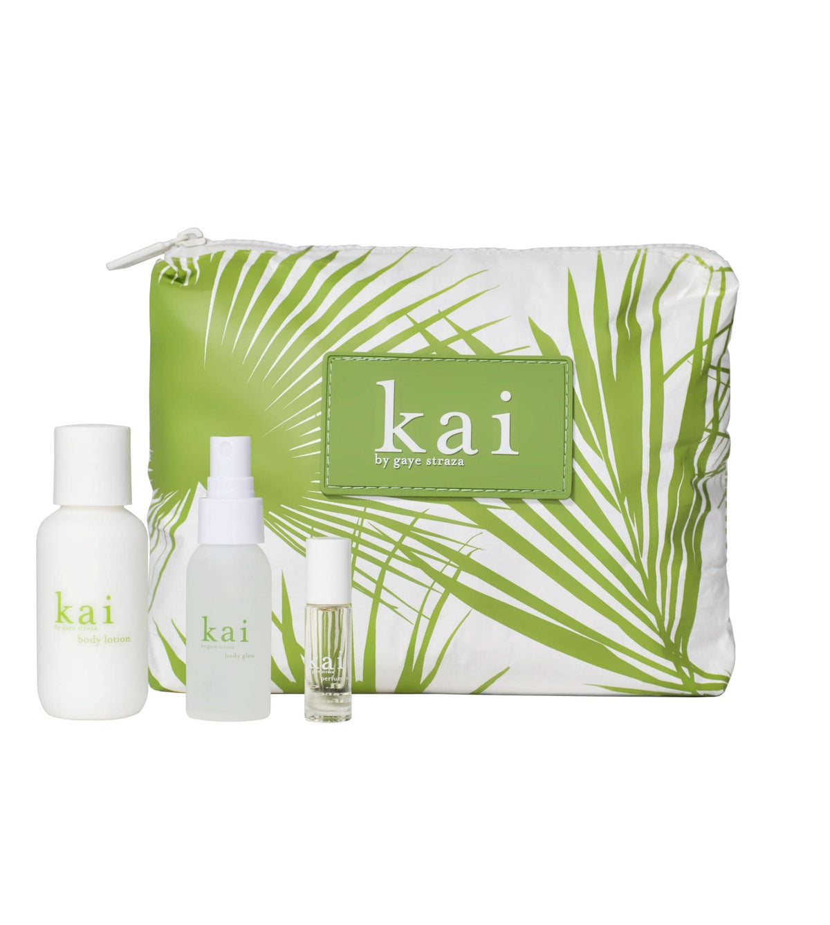 Travel skincare set: green leaf toiletry pouch with three clear bottles
