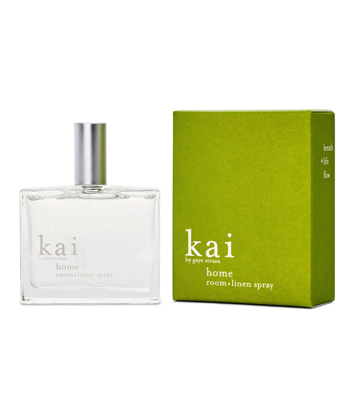 Linen spray set with clear glass bottle, silver spray cap, and green box
