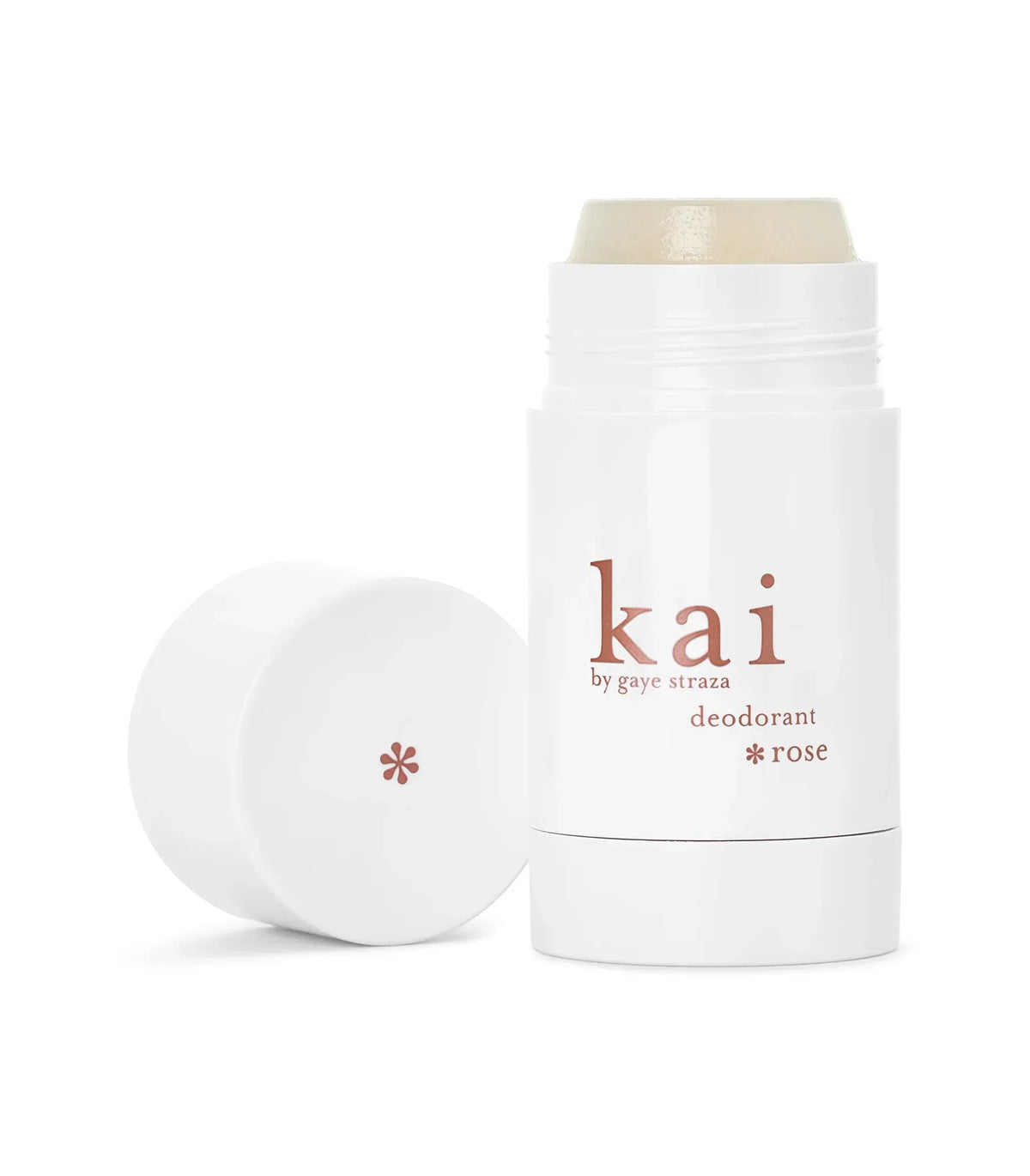 kai Rose deodorant stick, white container with gold cap and rose logo