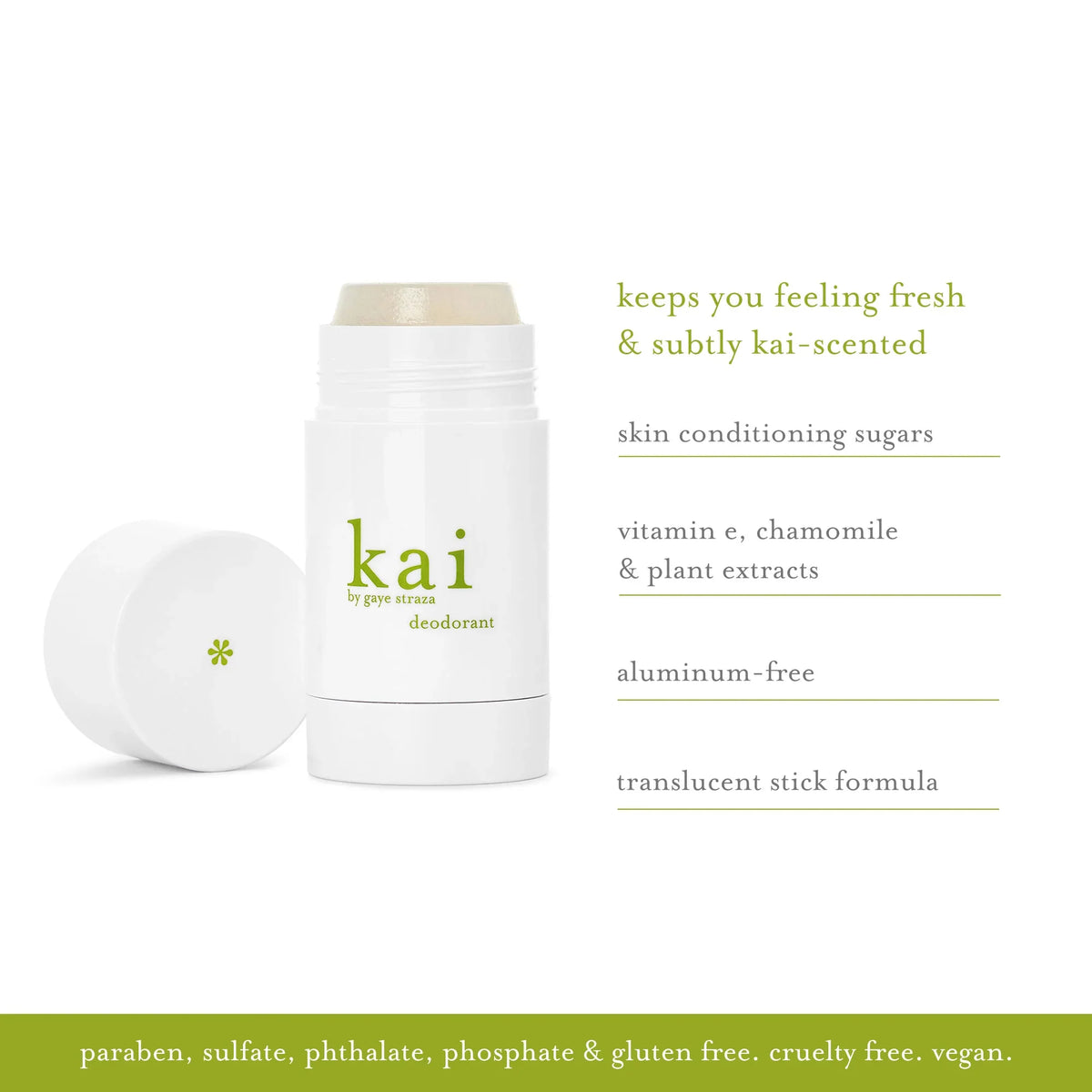 Deodorant stick with green logo and benefit callouts on label