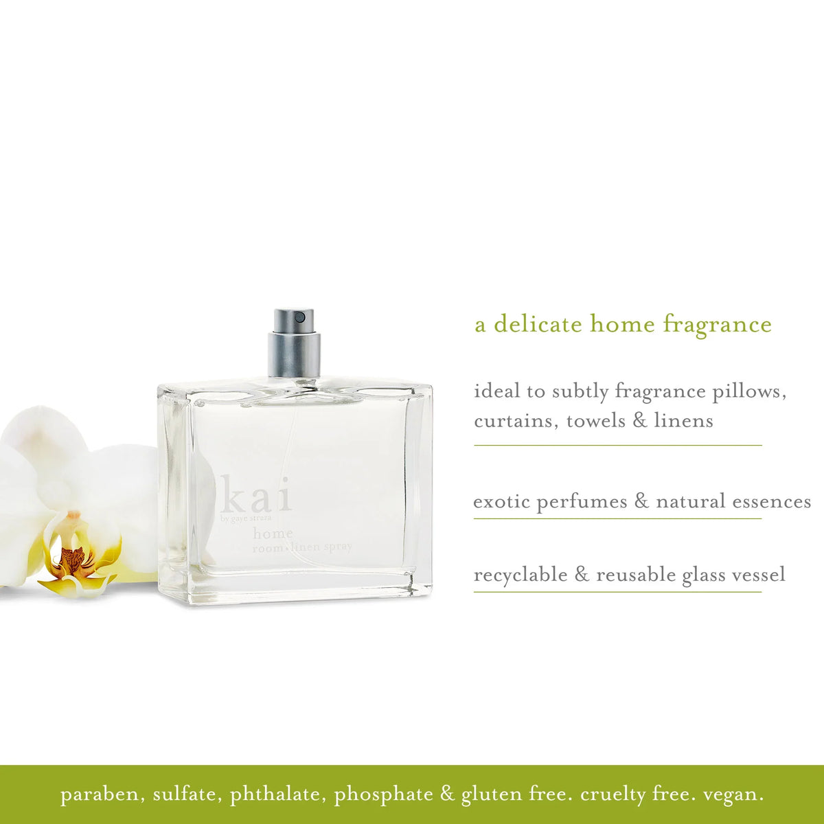 Clear room linen spray bottle with silver mist nozzle and flower accents