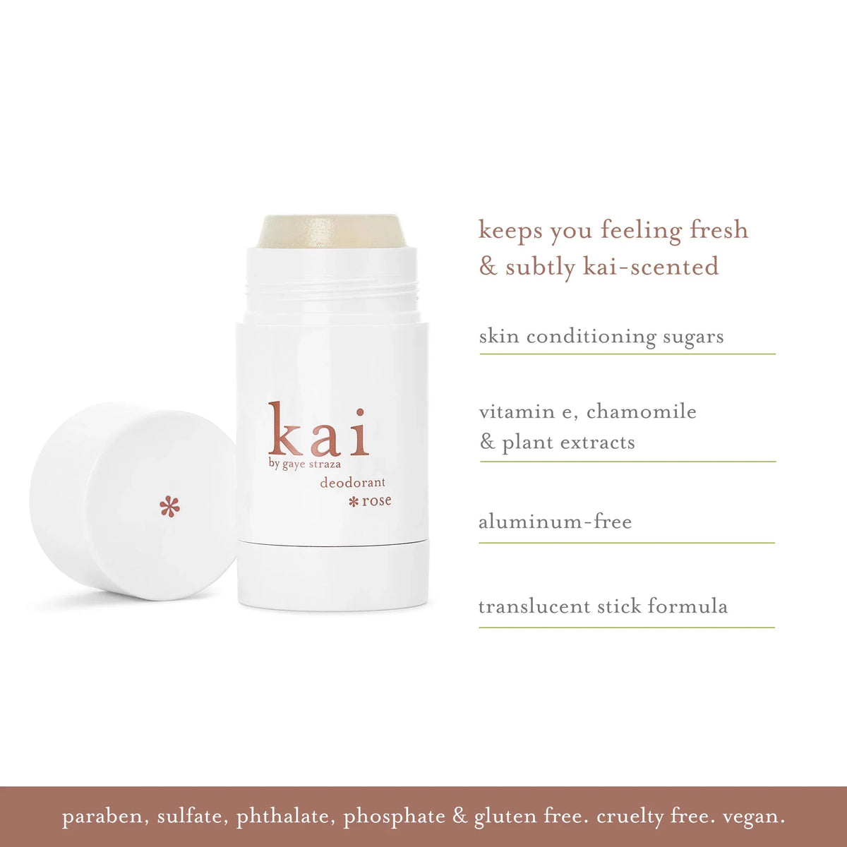 kai Rose deodorant stick, white base with rose scent logo and claim text