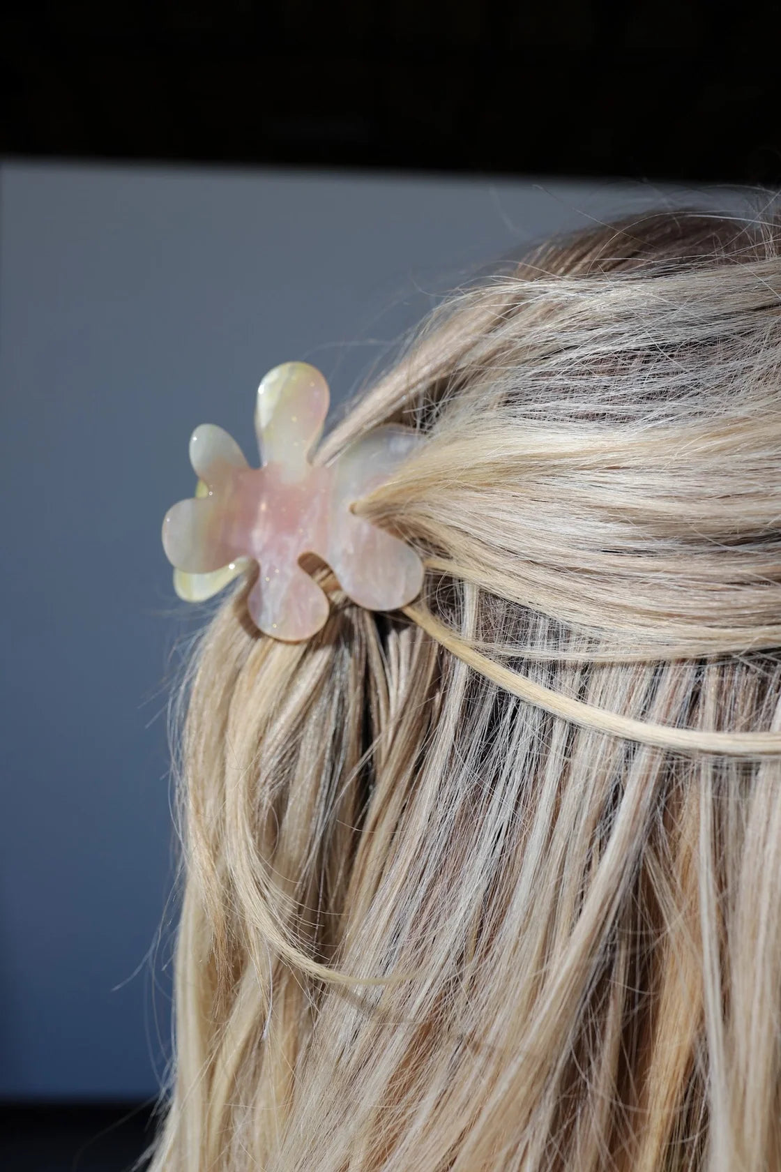 Translucent flower-shaped claw clip with pale pink and cream color-changing petals in blonde hair