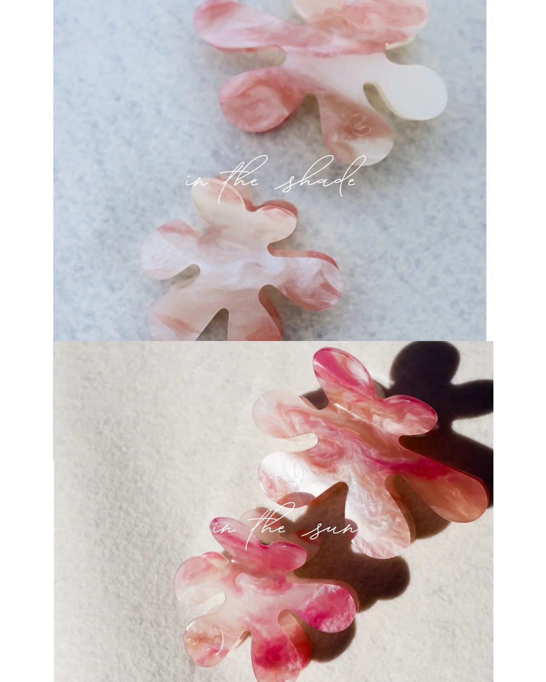 Flower-shaped color-changing claw clips shift from pale pink in shade to vivid pink in sunlight