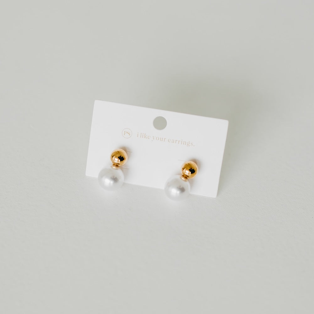 Gold-tone pearl drop stud earrings with white pearl spheres