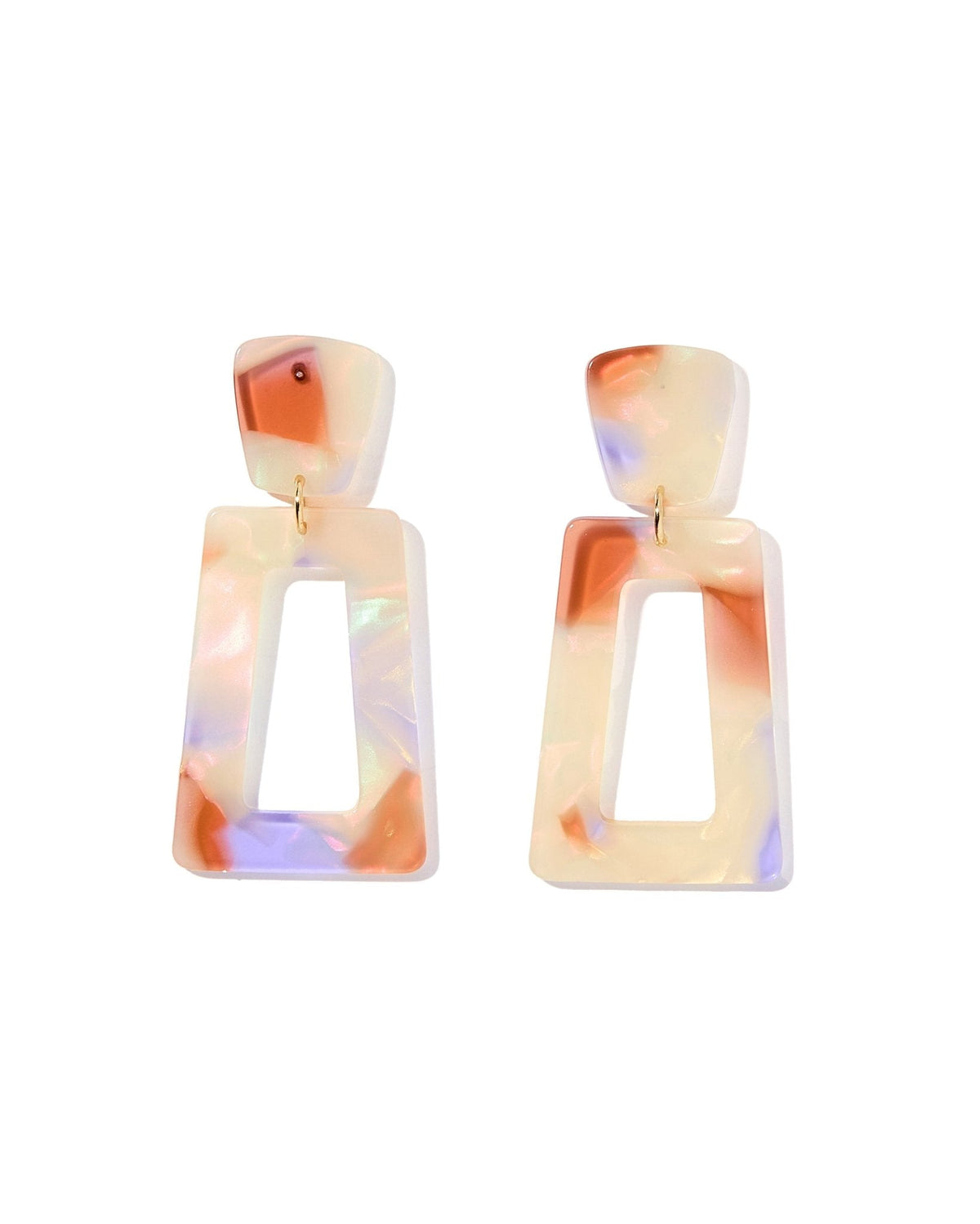 Lavender honey statement earrings with stacked translucent geometric drop shapes