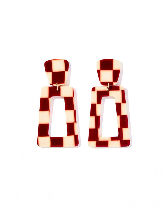 Maroon checkered statement dangle earrings with geometric square pattern