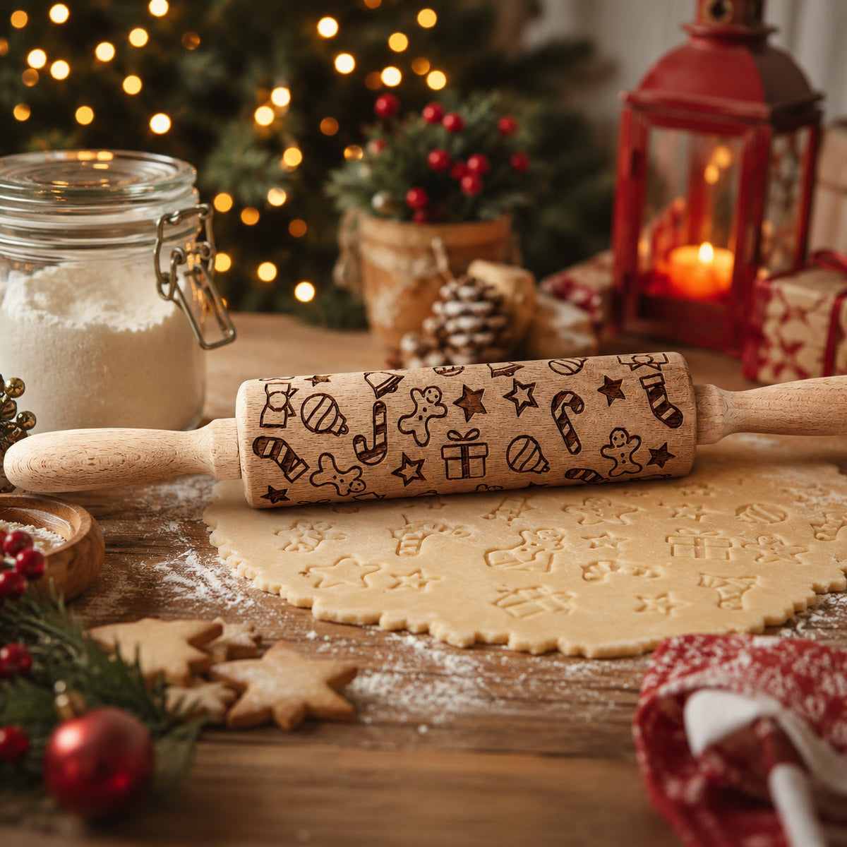 Wooden Christmas rolling pin with embossed gingerbread village pattern on dough