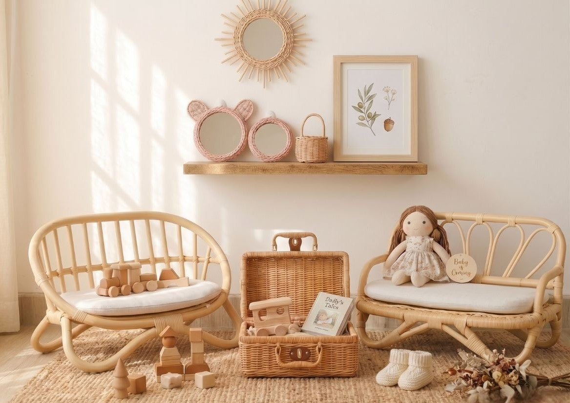 Natural rattan miniature doll couch with white cushion and rounded slatted back