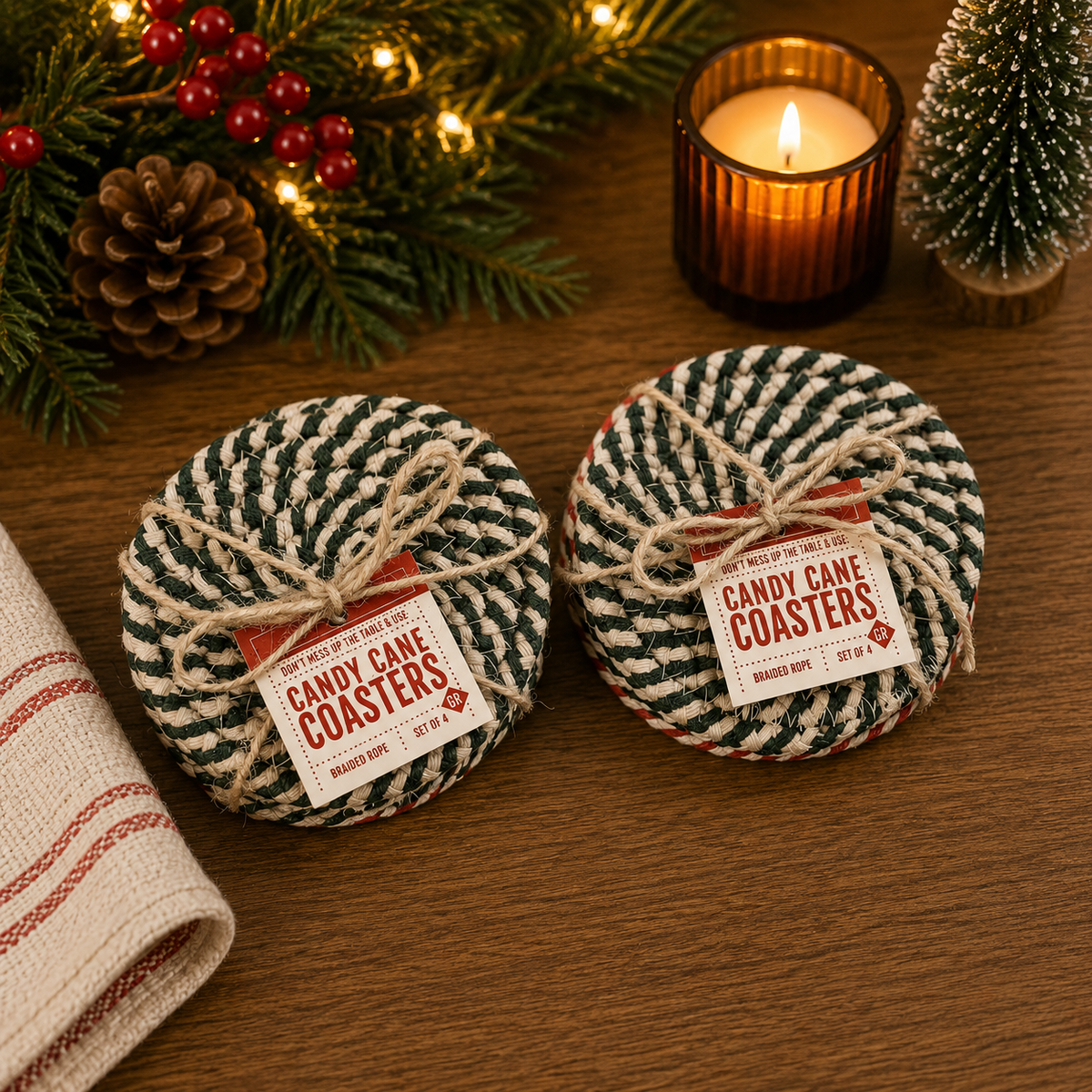 Braided candy cane coasters set of 4, green-and-cream striped rounds with tags
