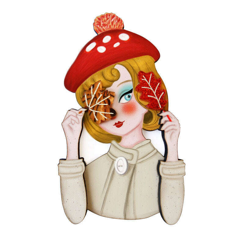 Laliblue autumn girl brooch with red mushroom hat and autumn leaves, girl portrait