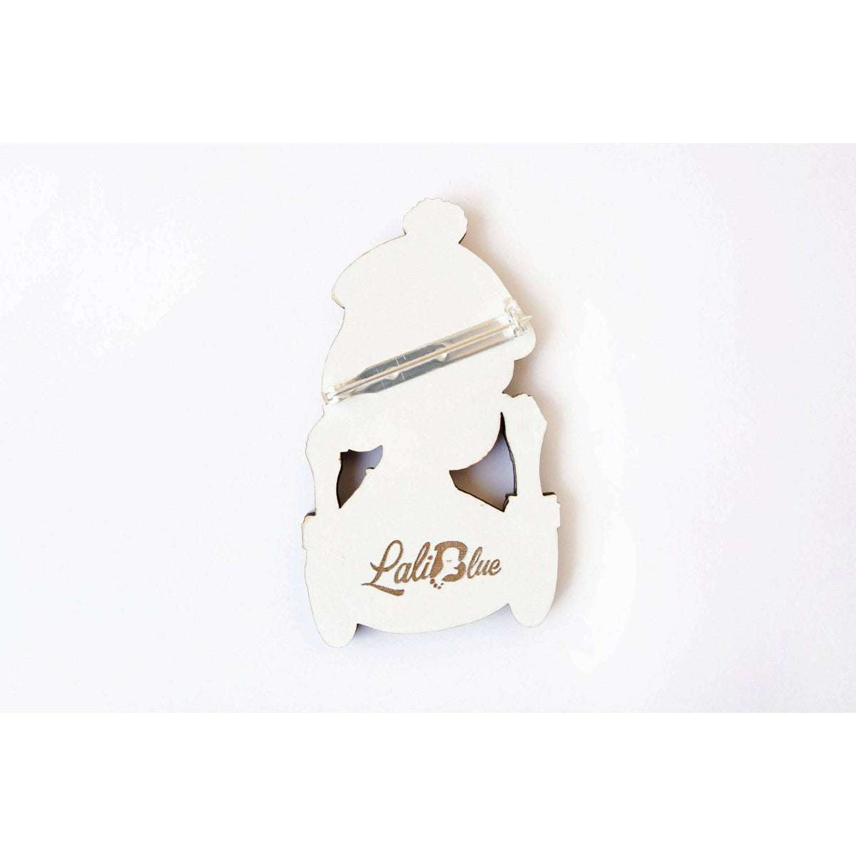 LaliBlue autumn girl brooch back, silver-toned silhouette with logo