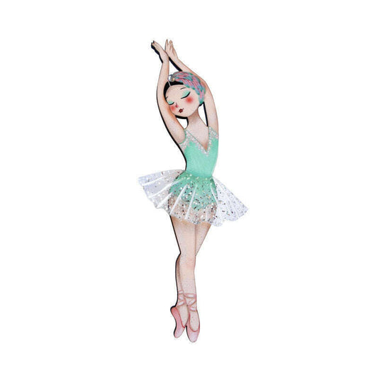 Turquoise and silver ballerina figure brooch with white tutu and pin back