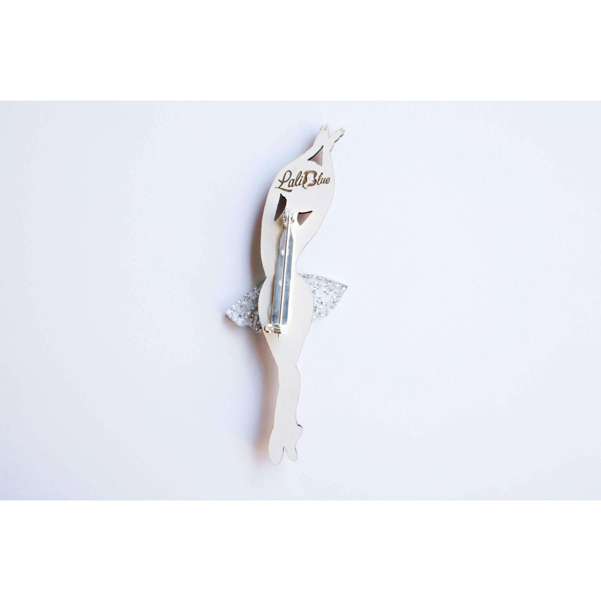 Laliblue ballerina brooch with silver safety pin clasp and glitter white skirt