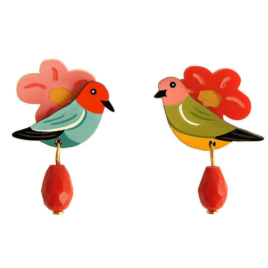 Colorful bird and flower drop earrings with red teardrop dangle