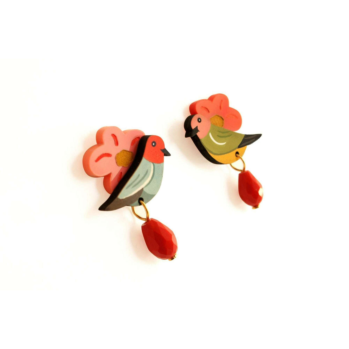 Pair of bird and flower drop earrings with red teardrop charms