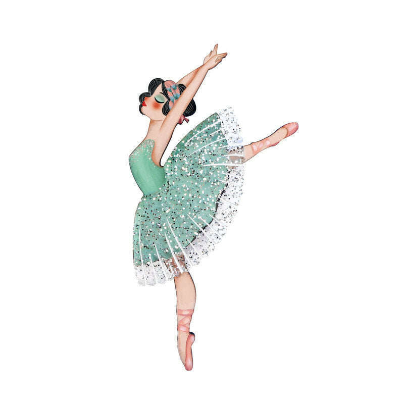 Ballet dancer enamel brooch with teal-green glitter tutu and silver tulle fringe