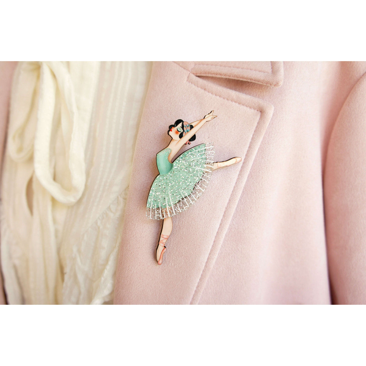 Ballet dancer enamel brooch with teal-green tutu and silver glitter fringe detail