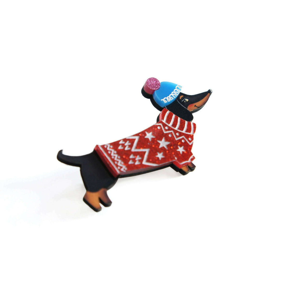 Dog brooch: black dachshund with red star-pattern sweater and blue top hat