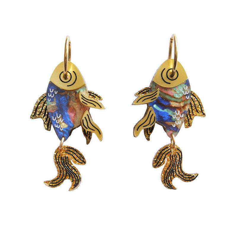 Gold fish drop earrings with blue and gold enamel detailing, hook backs