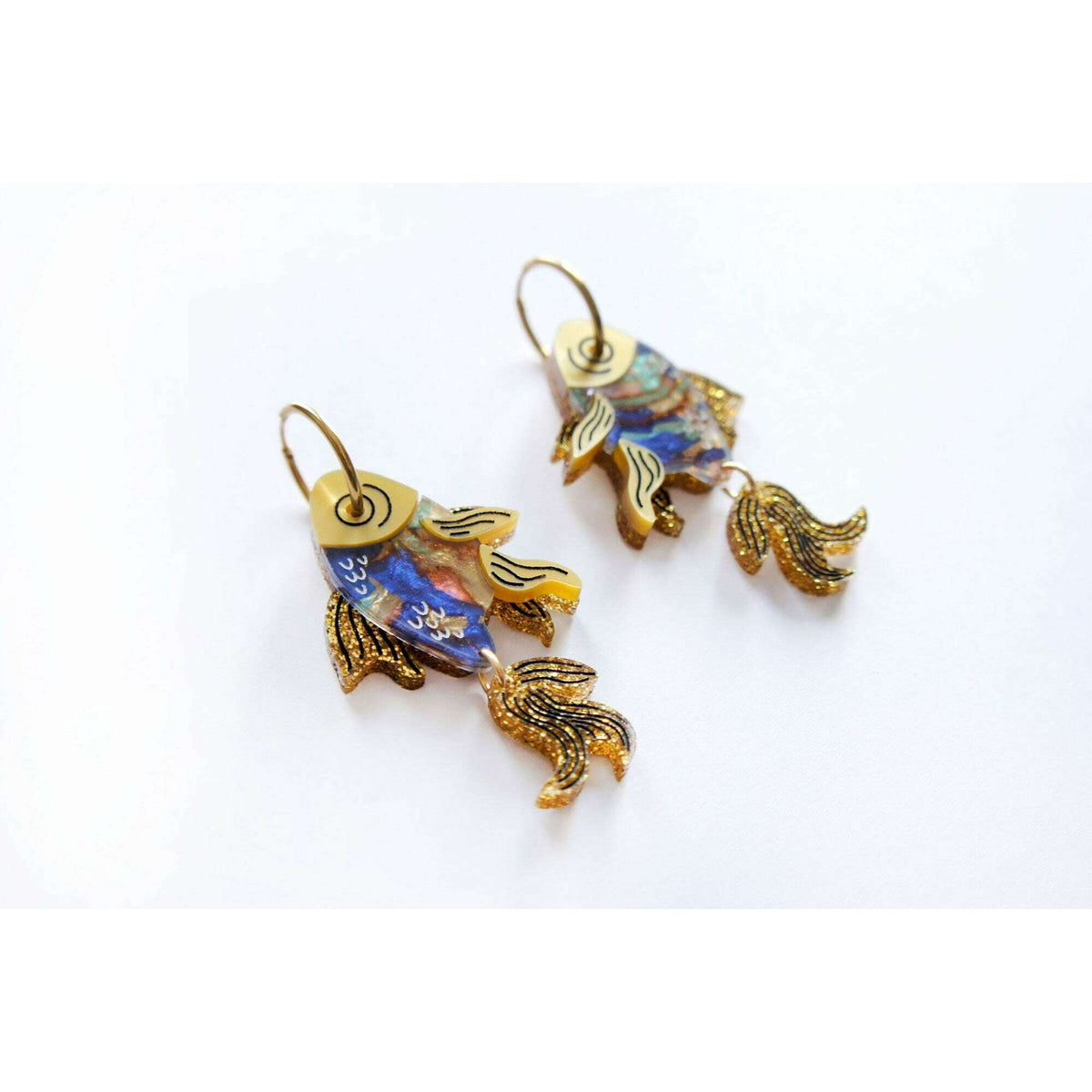 Colorful fish drop earrings, blue and pink enamel with gold-tone curved bodies