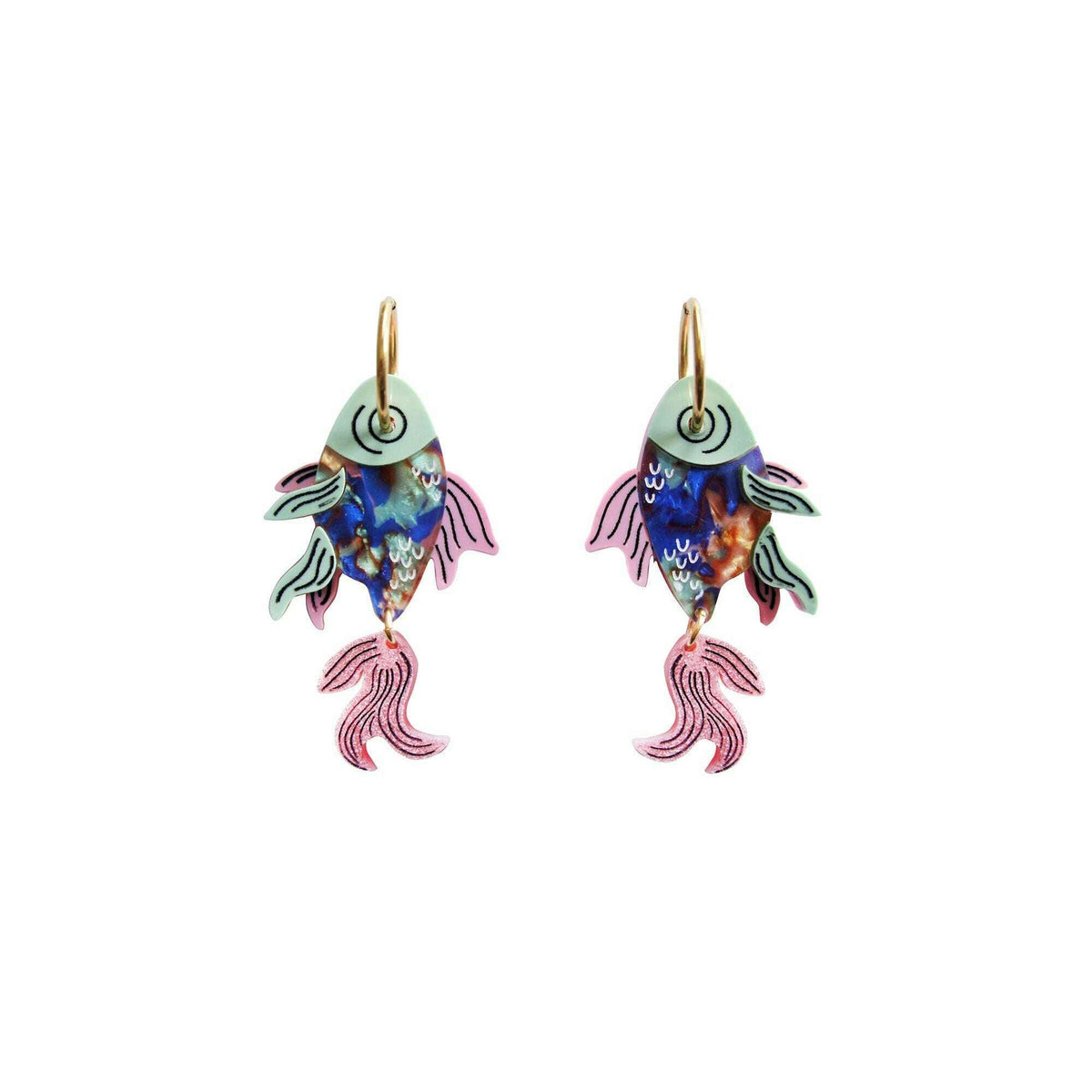 Pair of fish drop earrings, blue and pink enamel with gold-tone hooks